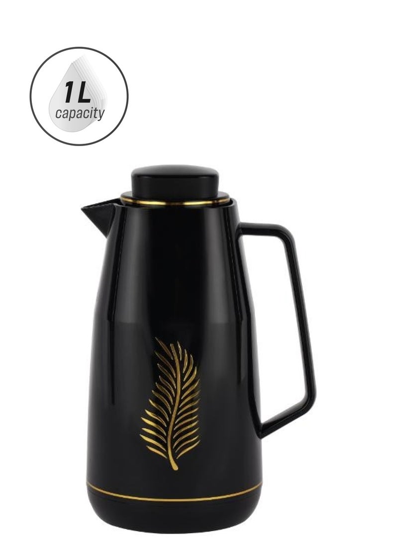 Royalford 1.0 L Vacuum Flask With Pink Glass Inner And PP Outer Body Keeps Your Drinks Hot Or Cold Asbestos Free Hygienic Leak Proof Portable Design Suitable For Indoor Black/Gold  - Image 1
