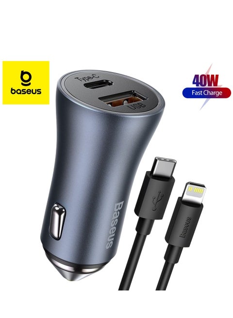 40W USB-C Car Charger Adapter Cigarette Lighter Dual USB Charger Fast Charging PD3.0 And QC 4.0 With Type C To Lightning For iPhone 15/14/13/12/11, Samsung Galaxy S20, Huawei Mate 30 And More Grey