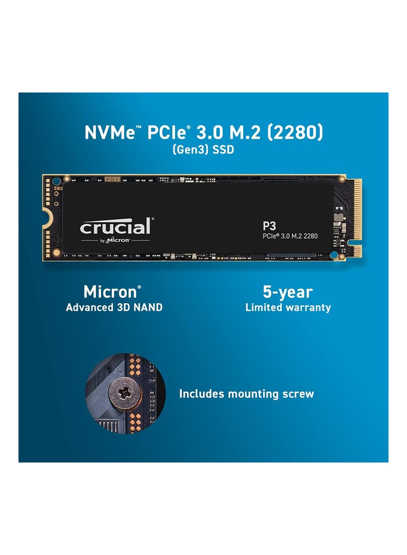 كروشيال P3 500 جيجابايت PCIe SSD داخلي، عامل الشكل M.2 2280، قراءة تسلسلية 3500 ميجابايت/ثانية، كتابة تسلسلية 1900 ميجابايت/ثانية، قدرة تحمل SSD 110 تيرابايت، واجهة NVMe، أسود | CT500P3SSD8  - Image 2