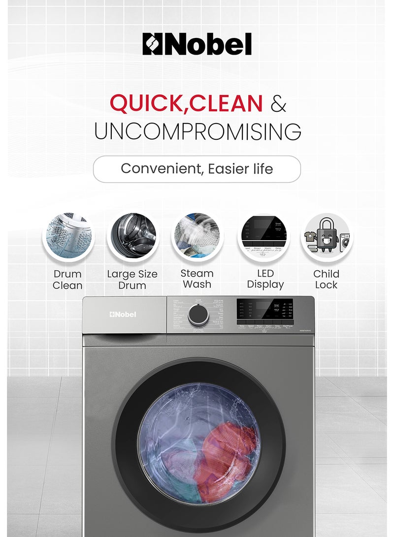 Nobel Front Load Washer: 6 Kg Capacity, 1000 RPM, LED Display, Stainless Steel Drum - Advanced Laundry Excellence At 1950W 9 L 9 L NWM760RHS Dark Silver  - Image 4