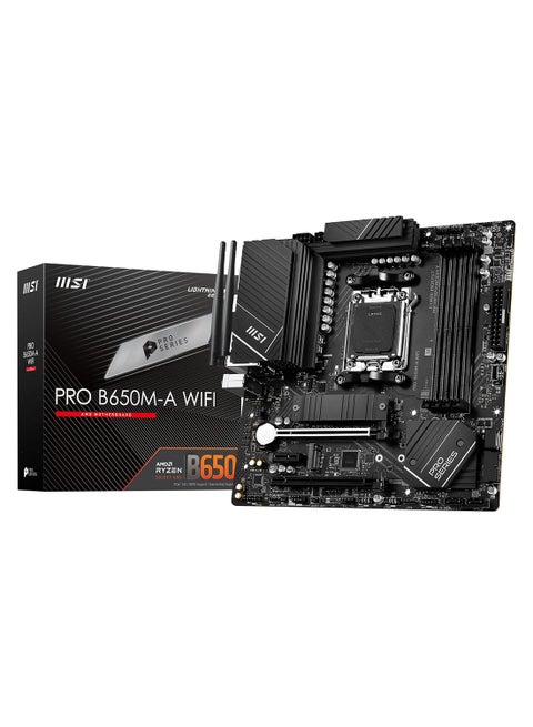 اللوحة الأم PRO B650M-A WIFI AM5 Micro-ATX، مجموعة شرائح AMD B650، 4 × 2 فتحات DDR5، ذاكرة بحد أقصى 128 جيجابايت، Wi-Fi 6E، 2x PCI-E x16، 2x M.2، 1x HDMI، 1x DP، USB 23.2/2.0