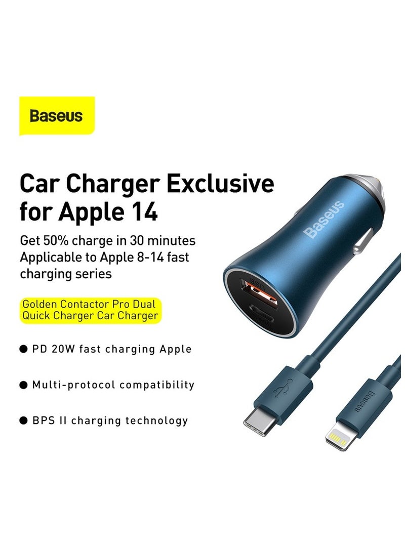 Baseus - 40W USB-C Car Charger Adapter Cigarette Lighter Dual USB Charger Fast Charging [PD3.0 And QC 4.0] With Type C To Lightning For iPhone 15/14/13/12/11, Samsung Galaxy S20, Huawei Mate 30 And More Blue - Image 1