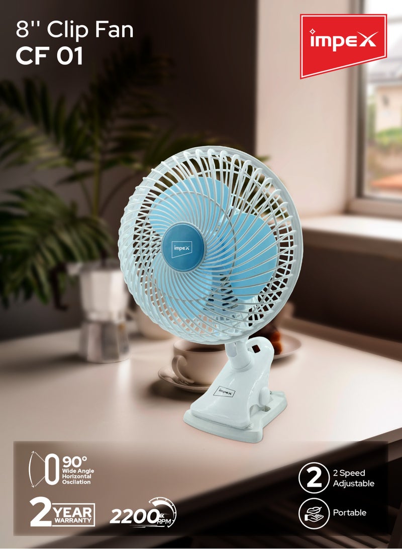 Impex - Table And Clip Fan, 8 Inch, 2 Speed Settings With Oscillating/Rotating, Portable Fan For Home Office Outdoor Travel CF 01 White - Image 1