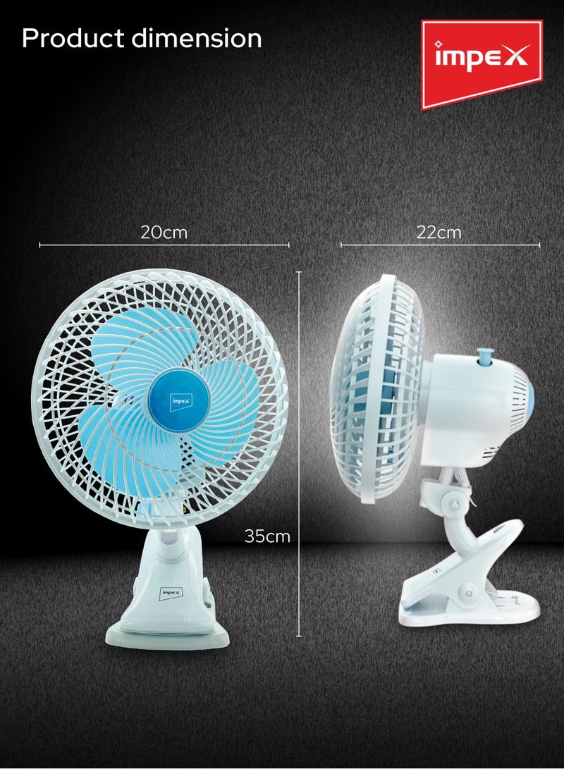 Impex - Table And Clip Fan, 8 Inch, 2 Speed Settings With Oscillating/Rotating, Portable Fan For Home Office Outdoor Travel CF 01 White - Image 1