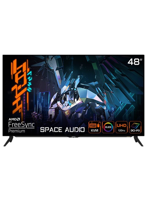 47.53-Inch Aorus 4K UHD OLED Gaming Monitor, 3840x2160 Resolution, 120Hz Refresh Rate, 1ms Response Time (GTG), HDR10, DCI-P3 / SRGB, HDMI, DP, USB Type-C, FO48U-EK Black