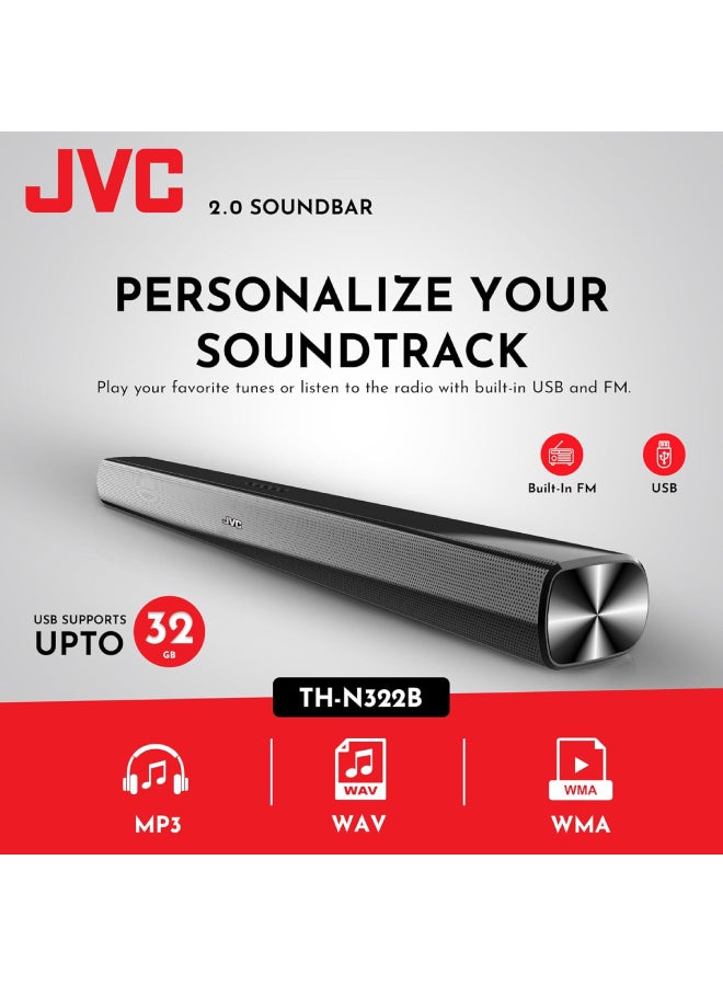 JVC - 2.0CH Soundbar Plus Bluetooth, Usb, Fm Radio With 600W PMPO TH-N322B Black - Image 1