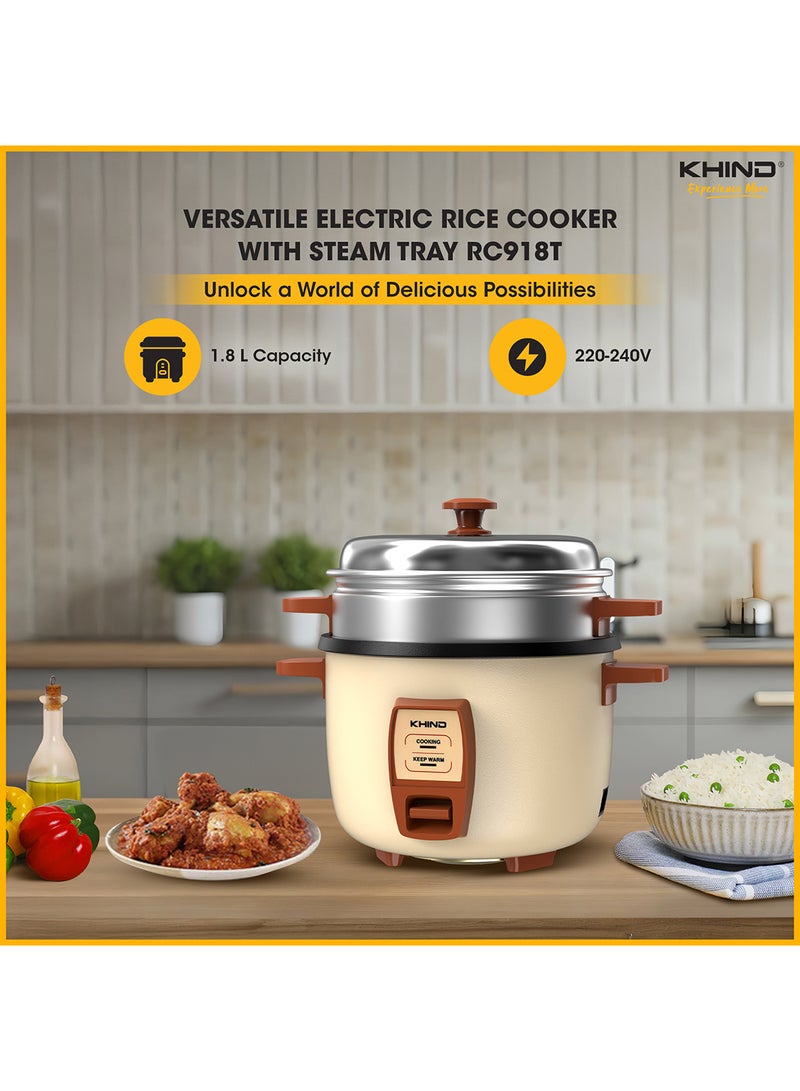 KHIND - 1.8 L Rice Cooker with Teflon Coated Aluminium Pot, Electric Rice Cooker For Cooking , Stainless Steel and Compact Design, Perfectly Cooked Meals Every Time (RC918T) 1.8 L 480 W RC918T Cream Magnolia - Image 1