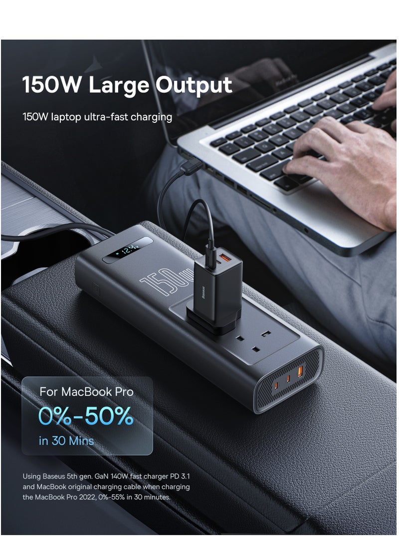 Baseus - 150W Car Power Inverter, DC 12/24V To 220V AC Car Inverter,1* QC3.0 USB 2* PD Type-C Ports Charger Adapter Car Plug Converter With Switch And Current LED Screen, Suitable For Cars, SUV And Truck Black - Image 1