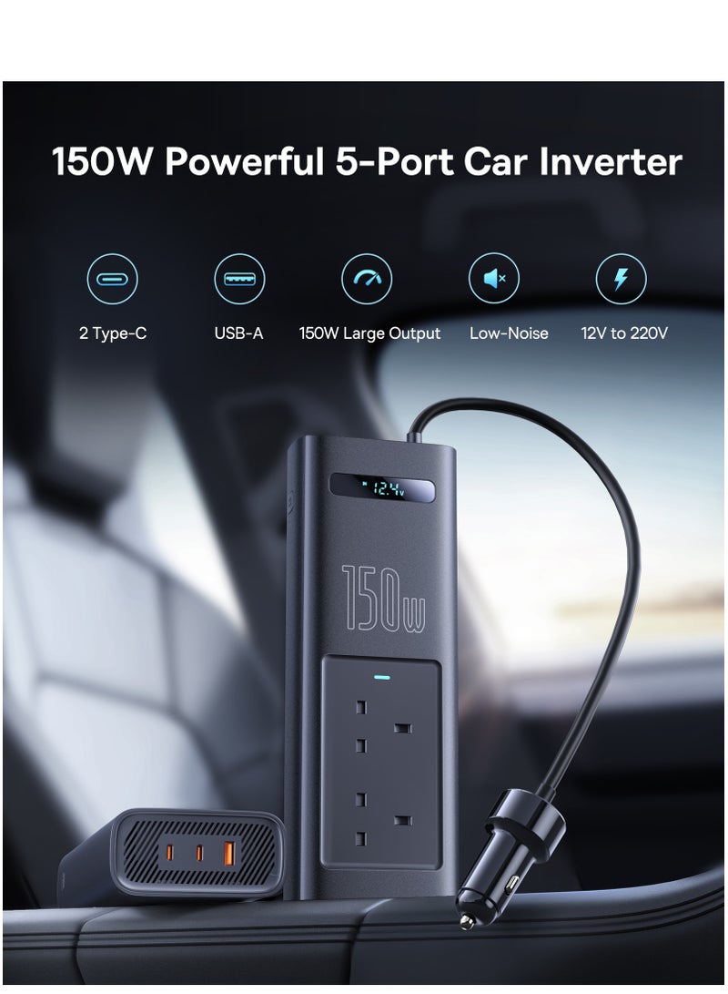 Baseus - 150W Car Power Inverter, DC 12/24V To 220V AC Car Inverter,1* QC3.0 USB 2* PD Type-C Ports Charger Adapter Car Plug Converter With Switch And Current LED Screen, Suitable For Cars, SUV And Truck Black - Image 1