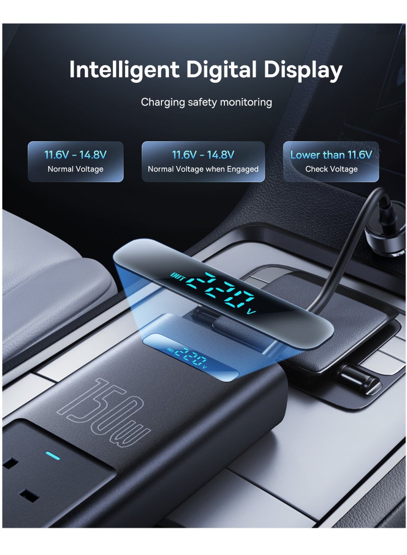 Baseus - 150W Car Power Inverter, DC 12/24V To 220V AC Car Inverter,1* QC3.0 USB 2* PD Type-C Ports Charger Adapter Car Plug Converter With Switch And Current LED Screen, Suitable For Cars, SUV And Truck Black - Image 1