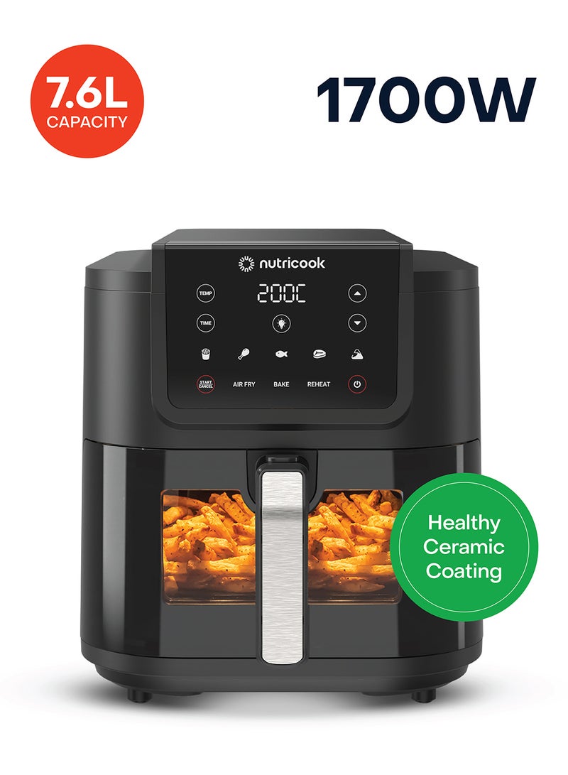 nutricook Digital Slim Air Fryer XL,7.6L Capacity with Clear Window & Internal Light , 2.4KG, Space-Saving Design,5 Presets, Air Fry, Roast , Bake, Reheat & Dehydrate, 2 Years Warranty 7.6 L 1700 W AFS200 Black  - Image 1