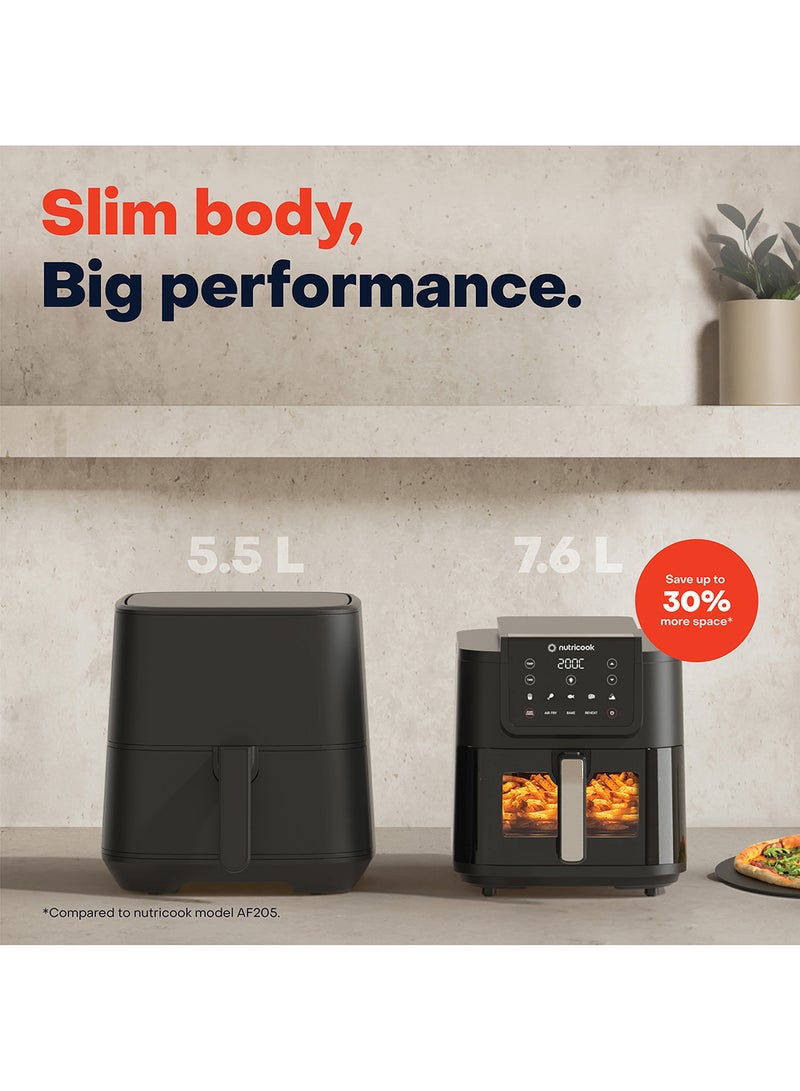 nutricook Digital Slim Air Fryer XL,7.6L Capacity with Clear Window & Internal Light , 2.4KG, Space-Saving Design,5 Presets, Air Fry, Roast , Bake, Reheat & Dehydrate, 2 Years Warranty 7.6 L 1700 W AFS200 Black  - Image 2