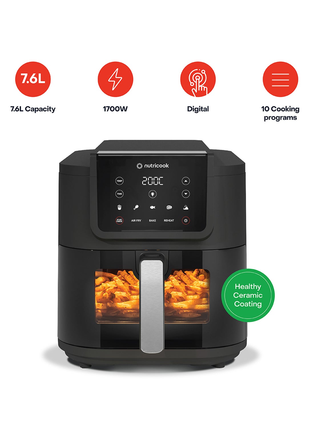 Air Fryer Slim XL,7.6L, 2.4KG, Extra-Large Basket, Space-Saving Slim Design, Air Fry, Bake, Reheat, with 5 Presets, Clear Window & Internal Light, 2 Yr Warranty 7.6 L 1700 W NC-AFS200 Black