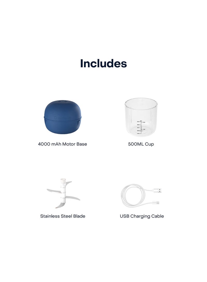 nutricook - Choppi Cordless Rechargeable Chopper, Pulse And Steady Modes, BPA Free Tritan Cup, 4000 mAh Battery, SS 304 Quad Blade, Designed In California 500 ml 220 W CH600 Blue - Image 1