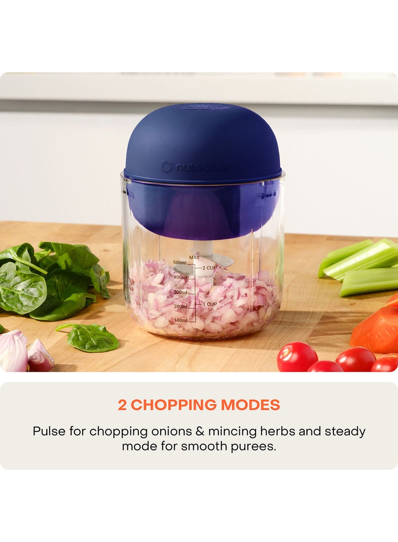 nutricook - Choppi Cordless Rechargeable Chopper, Pulse And Steady Modes, BPA Free Tritan Cup, 4000 mAh Battery, SS 304 Quad Blade, Designed In California 500 ml 220 W CH600 Blue - Image 1