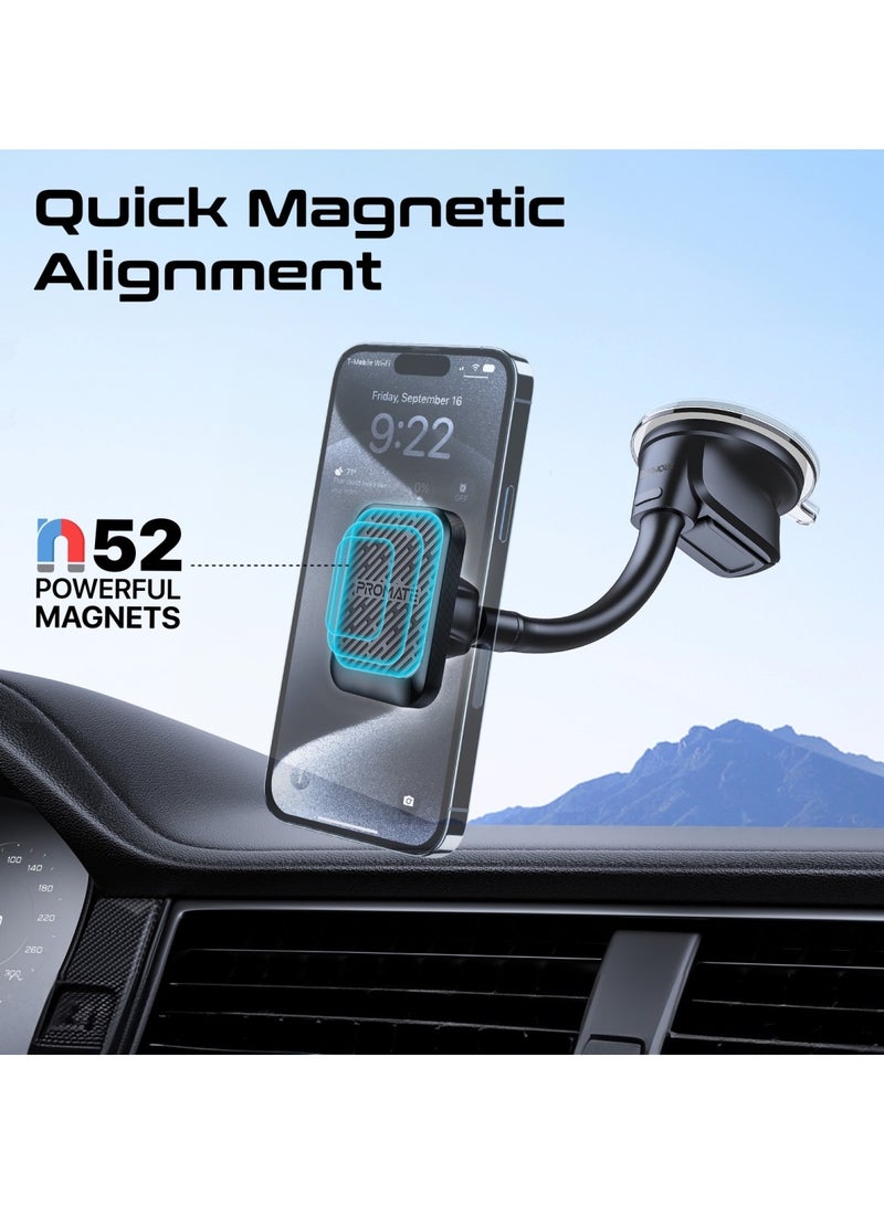 بروميت حامل هاتف مغناطيسي للسيارة، حامل هاتف للسيارة قابل للدوران بزاوية 360 درجة مع قبضة مضادة للانزلاق، تصميم بدون حامل، ذراع قابل للتعديل ومغناطيس N52 لهاتف iPhone 15 وSamsung S23 وMagMount-Pro - Image 2