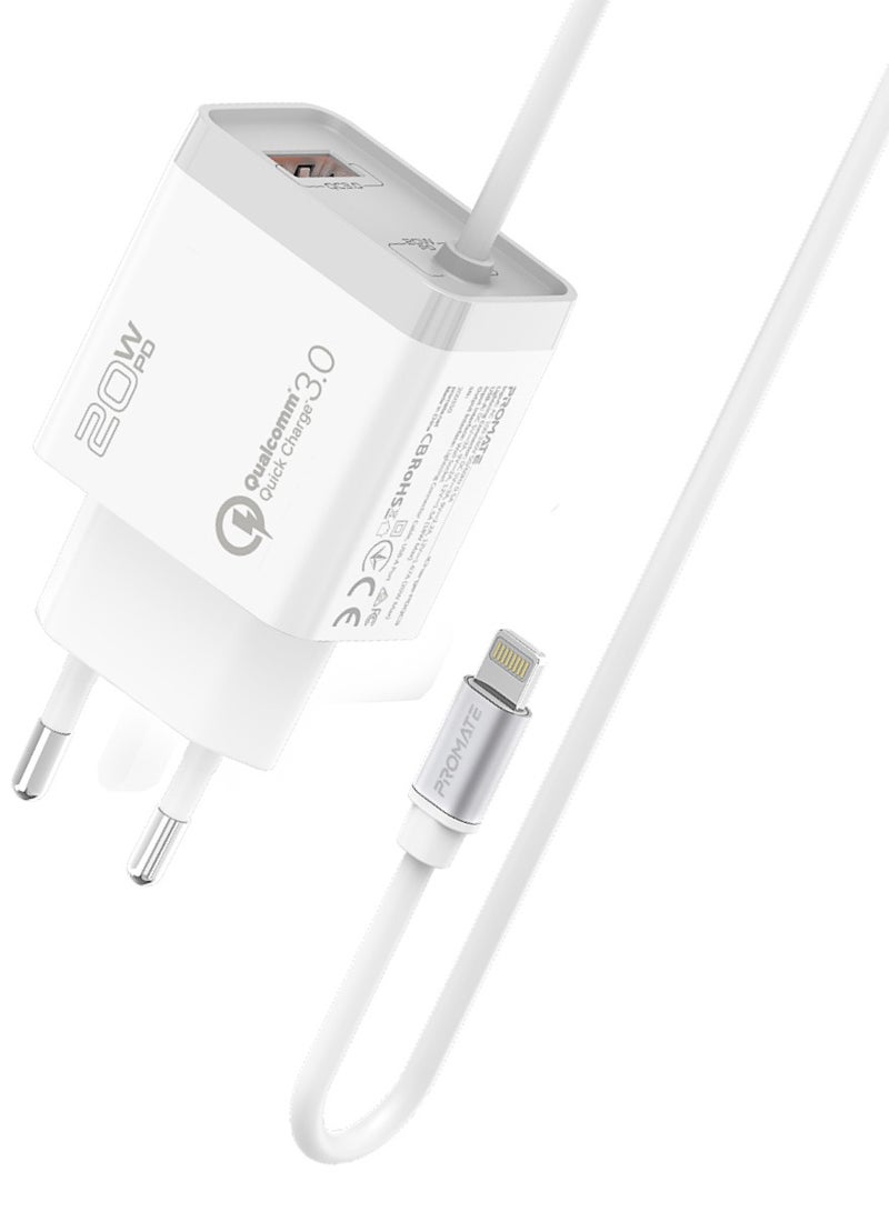 PROMATE iPhone Charger, Fast Charging 20W Power Delivery Wall Charger With 1.5M Lightning Cable, Quick Charge 3.0 USB Port And Adaptive Fast Charging For iPhone 12,12 Pro,Galaxy S21/S21+, iCharge-PDQC3 White  - Image 1