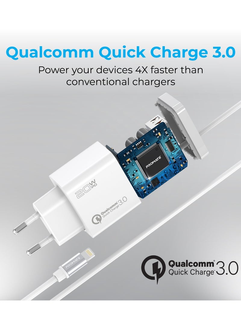 PROMATE iPhone Charger, Fast Charging 20W Power Delivery Wall Charger With 1.5M Lightning Cable, Quick Charge 3.0 USB Port And Adaptive Fast Charging For iPhone 12,12 Pro,Galaxy S21/S21+, iCharge-PDQC3 White  - Image 4