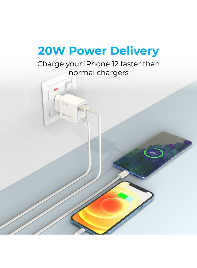 PROMATE iPhone Charger, Fast Charging 20W Power Delivery Wall Charger With 1.5M Lightning Cable, Quick Charge 3.0 USB Port And Adaptive Fast Charging For iPhone 12,12 Pro,Galaxy S21/S21+, iCharge-PDQC3 White  - Image 2