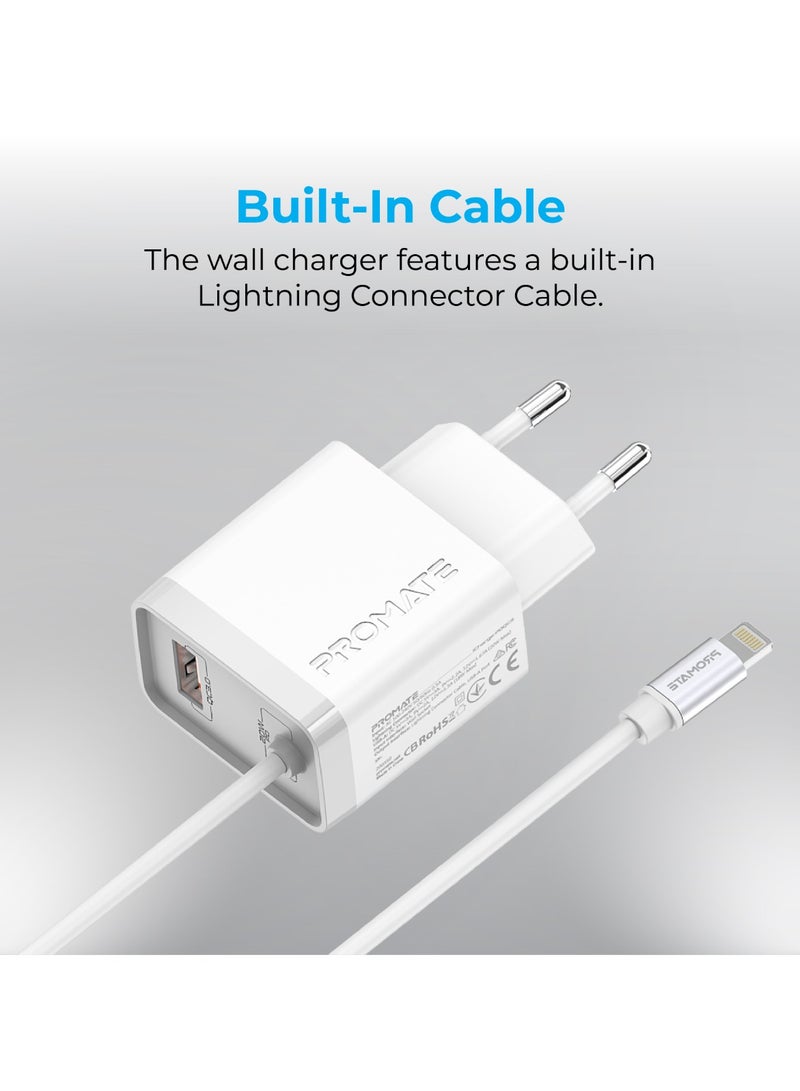 PROMATE iPhone Charger, Fast Charging 20W Power Delivery Wall Charger With 1.5M Lightning Cable, Quick Charge 3.0 USB Port And Adaptive Fast Charging For iPhone 12,12 Pro,Galaxy S21/S21+, iCharge-PDQC3 White  - Image 3
