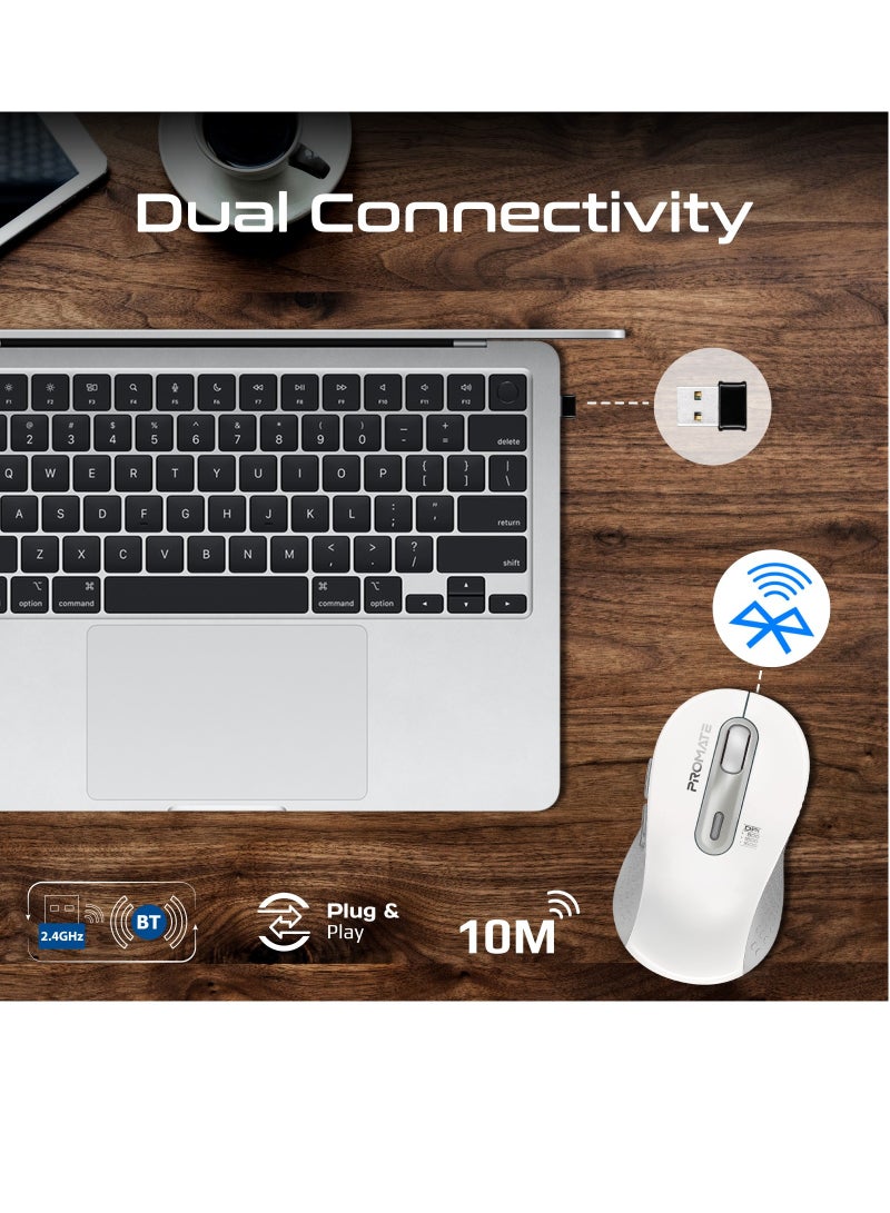 PROMATE Promate Wireless Optical Mouse,  Ambidextrous Wireless Mice with Dual Mode Connectivity, Bluetooth v5.2, 2.4Ghz Transmission, Adjustable 1600DPI, 150H Working Time, Ken White  - Image 4