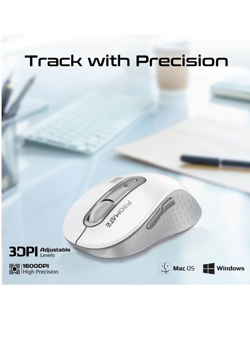 PROMATE Promate Wireless Optical Mouse,  Ambidextrous Wireless Mice with Dual Mode Connectivity, Bluetooth v5.2, 2.4Ghz Transmission, Adjustable 1600DPI, 150H Working Time, Ken White  - Image 2