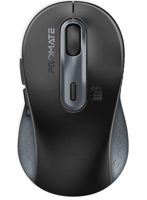 Promate Wireless Mouse, Ergonomic Ambidextrous Wireless Mice with Dual Mode Connectivity, Bluetooth v5.3, 2.4Ghz Transmission, Adjustable 1600DPI, 150H Working Time, Ken Black