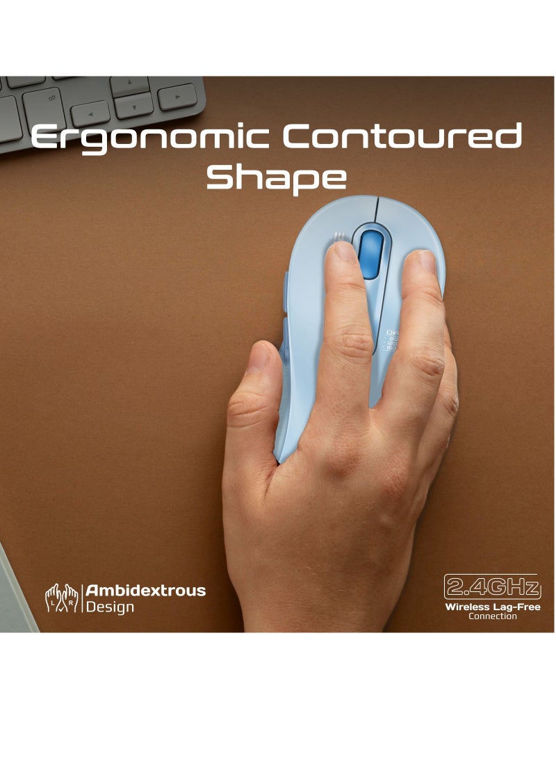 Wireless Mouse, Ergonomic Ambidextrous Wireless Mice with Dual Mode Connectivity, Bluetooth V5.2 or V3.0, 2.4Ghz Transmission, Adjustable 1600DPI, 150H Working Time | Ken Blue