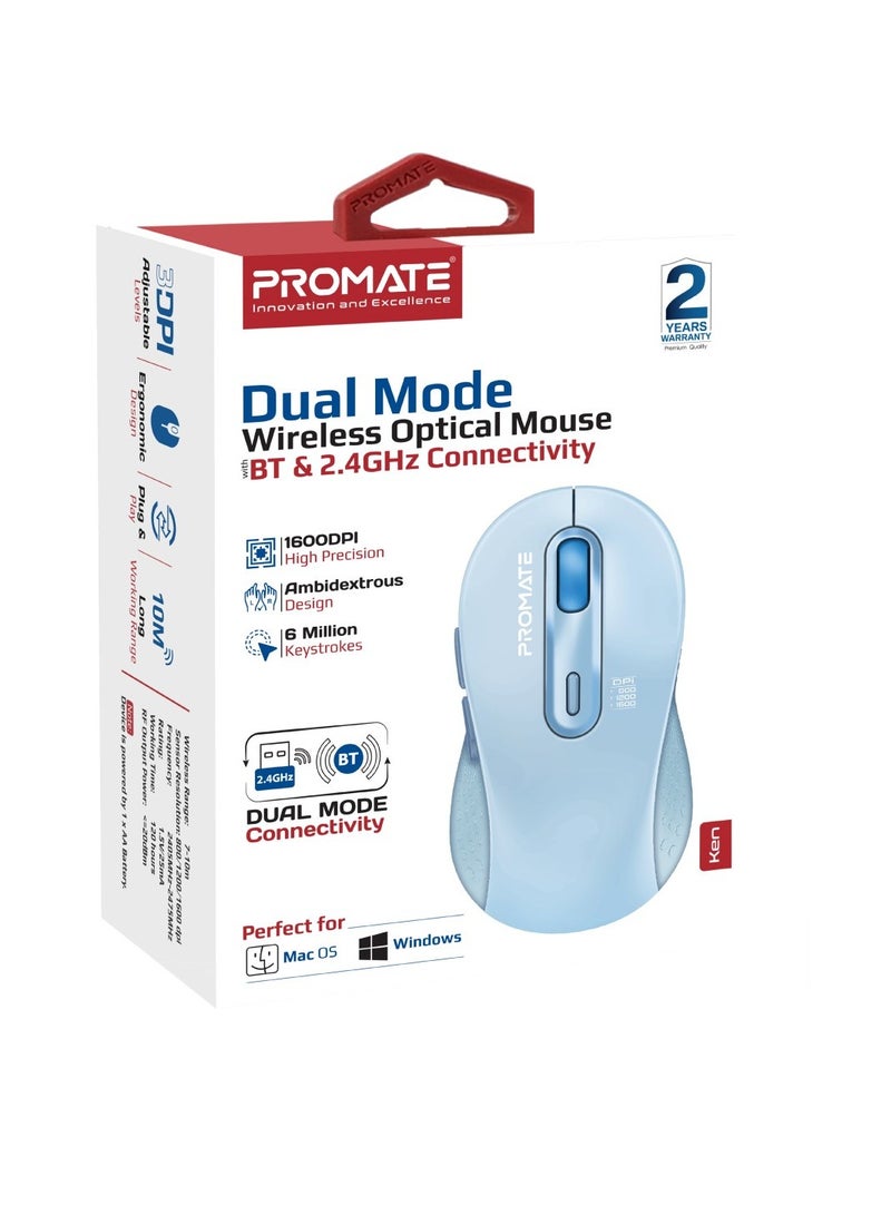 Wireless Mouse, Ergonomic Ambidextrous Wireless Mice with Dual Mode Connectivity, Bluetooth V5.2 or V3.0, 2.4Ghz Transmission, Adjustable 1600DPI, 150H Working Time | Ken Blue