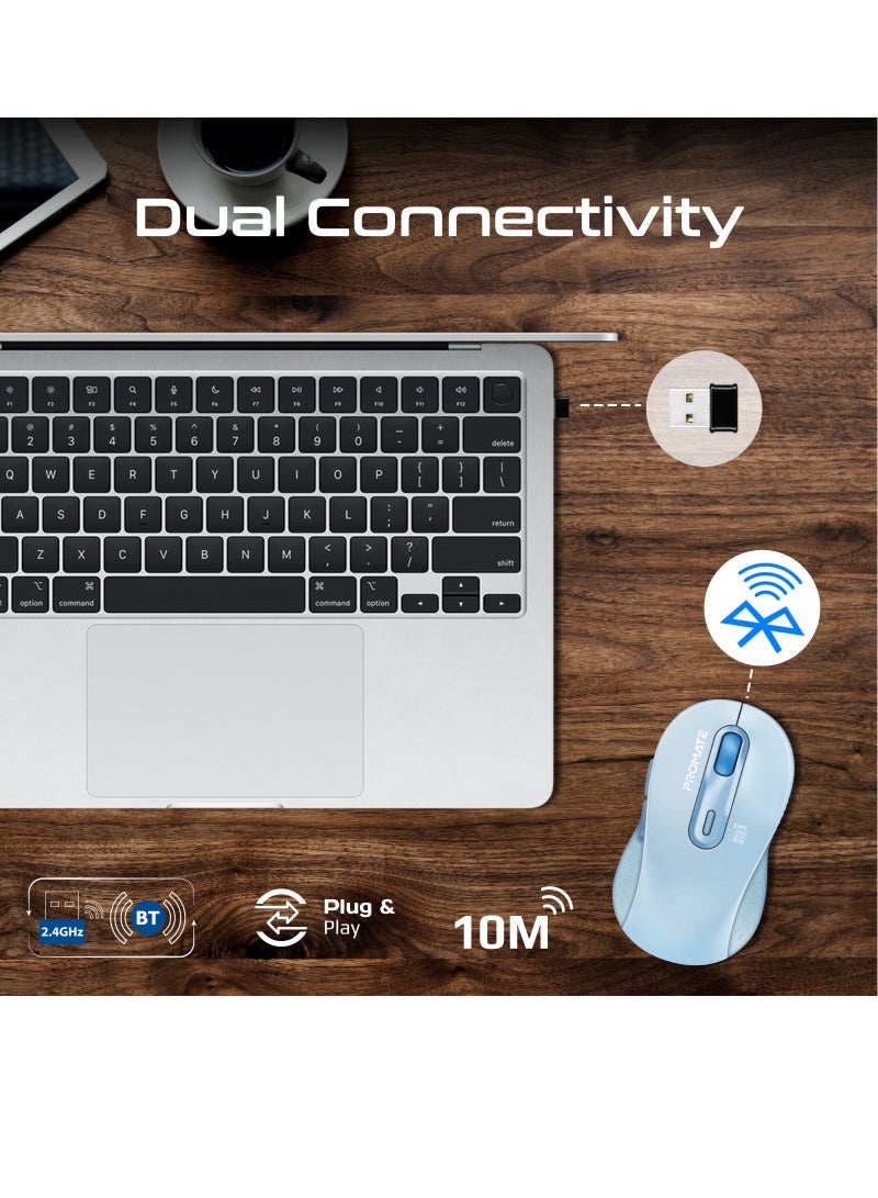 Wireless Mouse, Ergonomic Ambidextrous Wireless Mice with Dual Mode Connectivity, Bluetooth V5.2 or V3.0, 2.4Ghz Transmission, Adjustable 1600DPI, 150H Working Time | Ken Blue