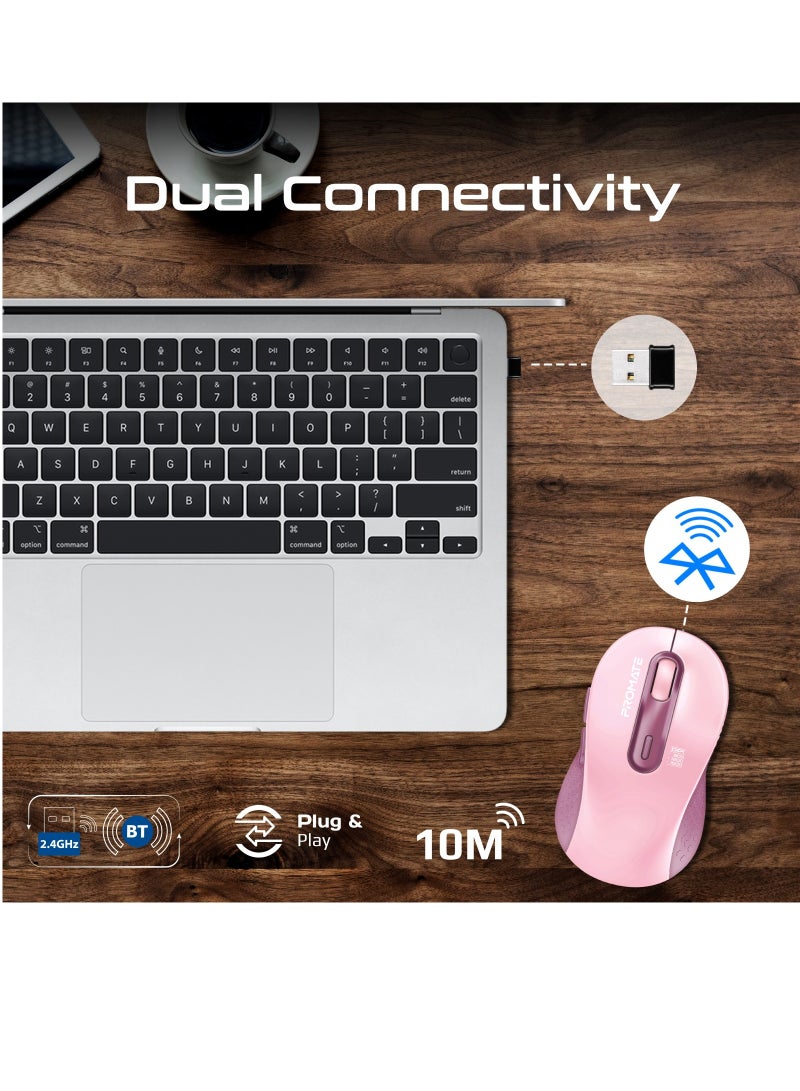 PROMATE - Promate Wireless Mouse, Ergonomic Ambidextrous Wireless Mice with Dual Mode Connectivity, Bluetooth v5.3, 2.4Ghz Transmission, Adjustable 1600DPI, 150H Working Time, Ken Pink - Image 1