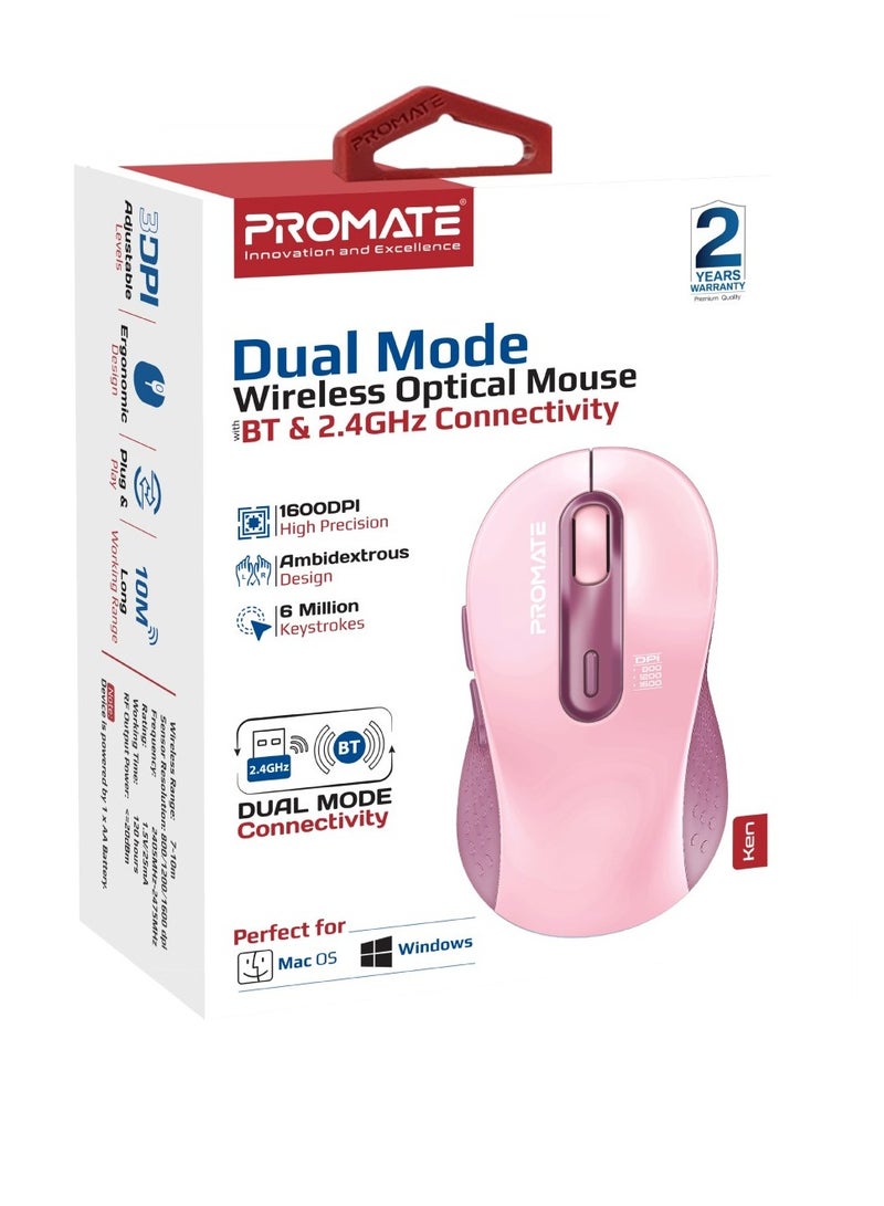 PROMATE - Promate Wireless Mouse, Ergonomic Ambidextrous Wireless Mice with Dual Mode Connectivity, Bluetooth v5.3, 2.4Ghz Transmission, Adjustable 1600DPI, 150H Working Time, Ken Pink - Image 1