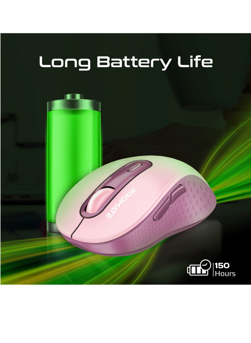 PROMATE - Promate Wireless Mouse, Ergonomic Ambidextrous Wireless Mice with Dual Mode Connectivity, Bluetooth v5.3, 2.4Ghz Transmission, Adjustable 1600DPI, 150H Working Time, Ken Pink - Image 1