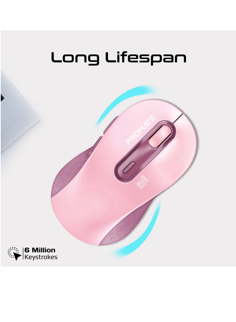 PROMATE - Promate Wireless Mouse, Ergonomic Ambidextrous Wireless Mice with Dual Mode Connectivity, Bluetooth v5.3, 2.4Ghz Transmission, Adjustable 1600DPI, 150H Working Time, Ken Pink - Image 1