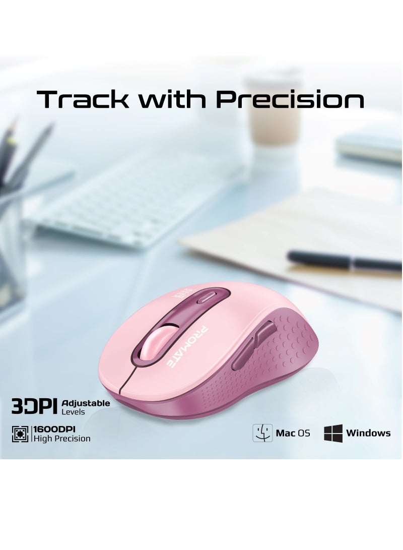 PROMATE - Promate Wireless Mouse, Ergonomic Ambidextrous Wireless Mice with Dual Mode Connectivity, Bluetooth v5.3, 2.4Ghz Transmission, Adjustable 1600DPI, 150H Working Time, Ken Pink - Image 1