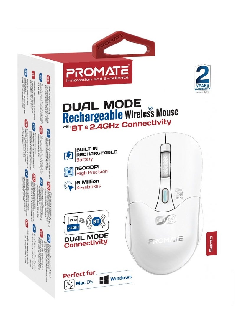 PROMATE - 500 mAh Promate Rechargeable Wireless Mouse, Professional Contoured 500mAh Battery with Dual Nano Receiver Connectivity, 1600DPI DPI and 6 Multi-Functional Buttons, Samo White - Image 1