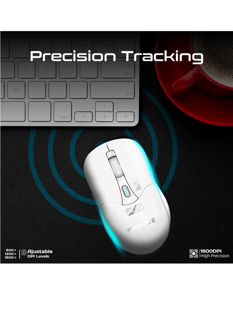 PROMATE - 500 mAh Promate Rechargeable Wireless Mouse, Professional Contoured 500mAh Battery with Dual Nano Receiver Connectivity, 1600DPI DPI and 6 Multi-Functional Buttons, Samo White - Image 1