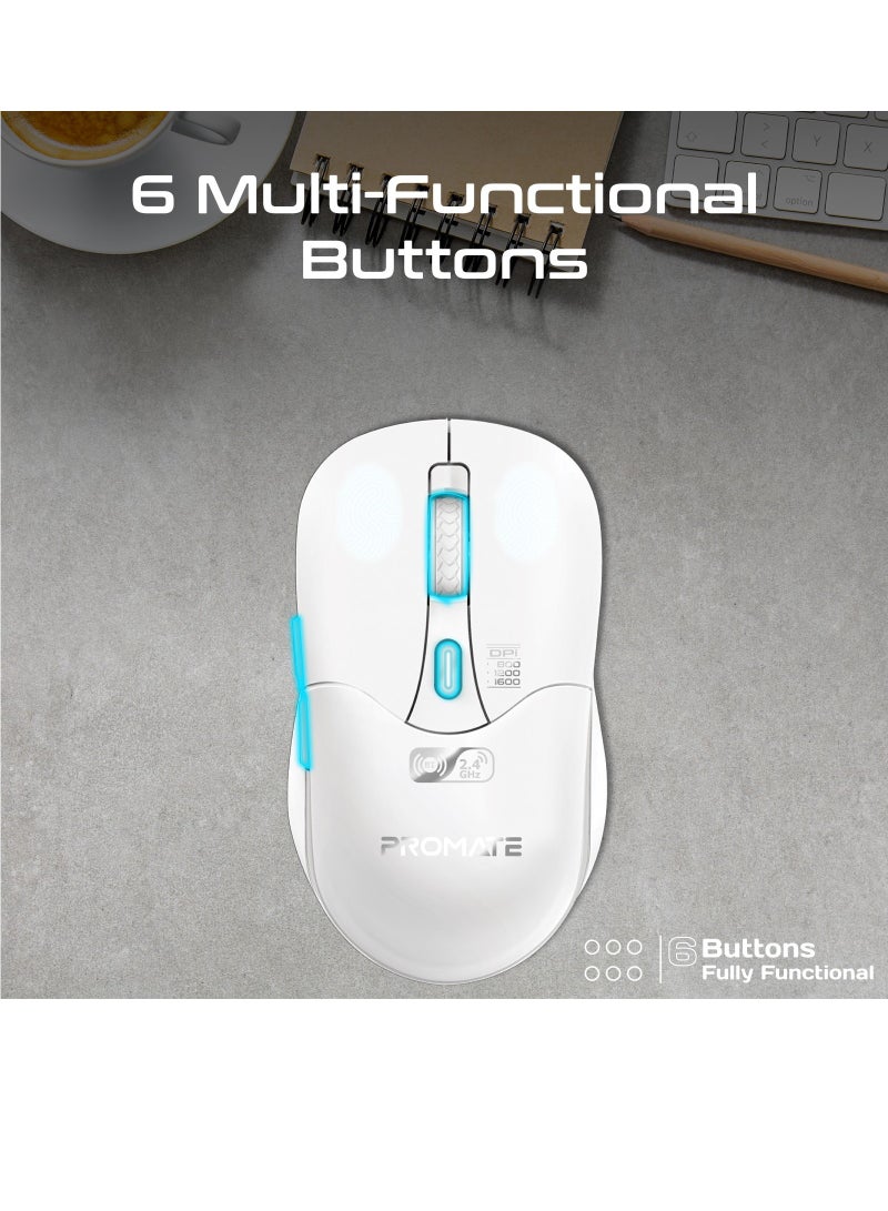 PROMATE - 500 mAh Promate Rechargeable Wireless Mouse, Professional Contoured 500mAh Battery with Dual Nano Receiver Connectivity, 1600DPI DPI and 6 Multi-Functional Buttons, Samo White - Image 1