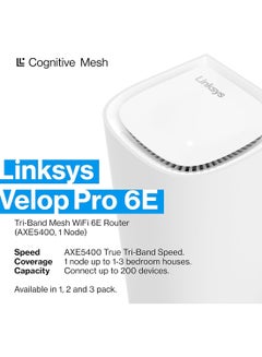 LINKSYS Velop Pro WiFi 6E Tri-Band Mesh System MX6201-KE - Cognitive Mesh Router with 6 Ghz Band Access & 5.4 Gbps True Gigabit Speed - Whole-Home Coverage up to 3,000 sq. ft. & 200 Devices - 1 Pack White  - Image 2