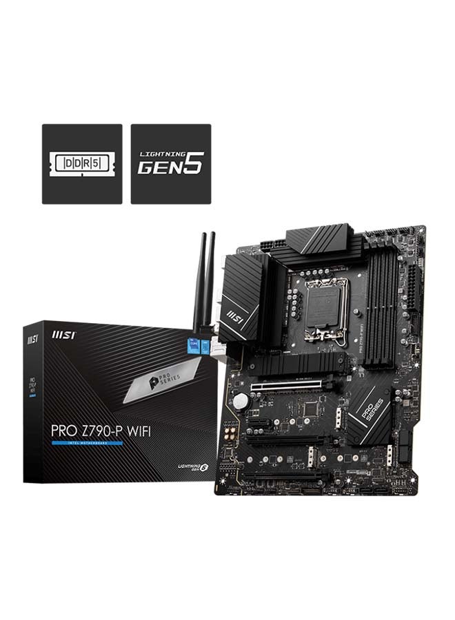 MSI PRO Z790-P WIFI DDR5 ATX Motherboard, LGA 1700 Socket, Intel Z790 Chipset, 4x DDR5 Slots (128GB Max), Wi-Fi 6E / BT 5.2, 2.5Gbps LAN, M.2 Shield Frozr, PCIe 5.0, Lightning Gen5, 14+2 Duet Rail VRM, USB 3.2 Gen 2x2, Enhanced Audio, Multi-Layer PCB, Dual PCIe M.2 Slots, Enhanced Thermal Design | 911-7E06-010 Black  - Image 1