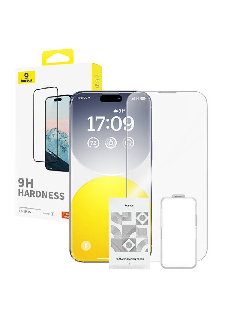 بيسوس OS-Baseus Diamond Series Full-Coverage HD Tempered Glass Screen Protector for iP 15, Clear (Pack of 1, with cleaning kit and EasyStick installation tool) - Image 1