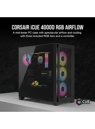 iCUE 4000D RGB AIRFLOW Mid-Tower Case, Black - 3x AF120 RGB ELITE Fans - iCUE Lighting Node PRO Controller - High-airflow Design Black - pnsku/N70041609V/45/_/1706538760/7c80e31d-93d8-4996-8d10-2155f0d245ae