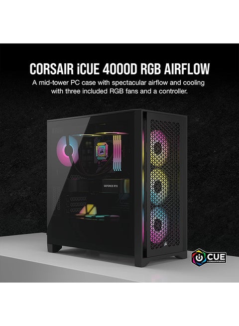 iCUE 4000D RGB AIRFLOW Mid-Tower Case, Black - 3x AF120 RGB ELITE Fans - iCUE Lighting Node PRO Controller - High-airflow Design Black