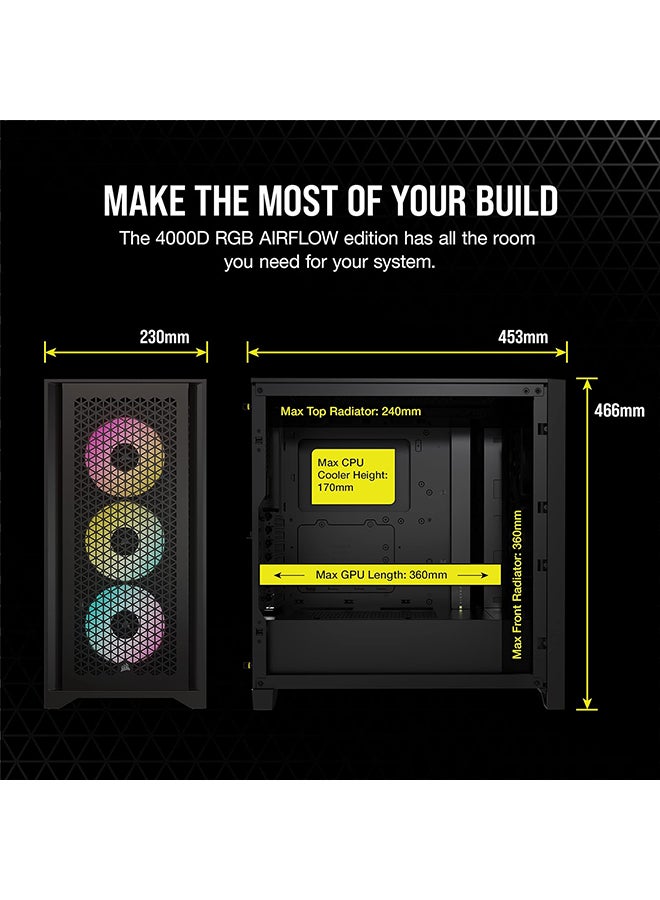 CORSAIR iCUE 4000D RGB AIRFLOW Mid-Tower Case, Black - 3x AF120 RGB ELITE Fans - iCUE Lighting Node PRO Controller - High-airflow Design Black  - Image 4