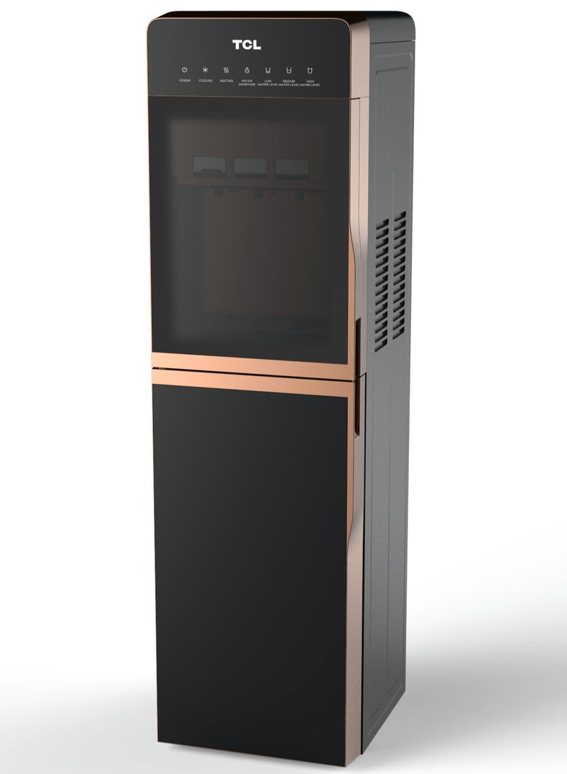 TCL Water Dispenser, Top Loading With Refrigerator, Stylish Black/Gold Glass Design Best For Home, Kitchen, Office And Pantry, 3 Taps/Faucet, Child Safety Lock TY-LWYR85B Black - Image 1