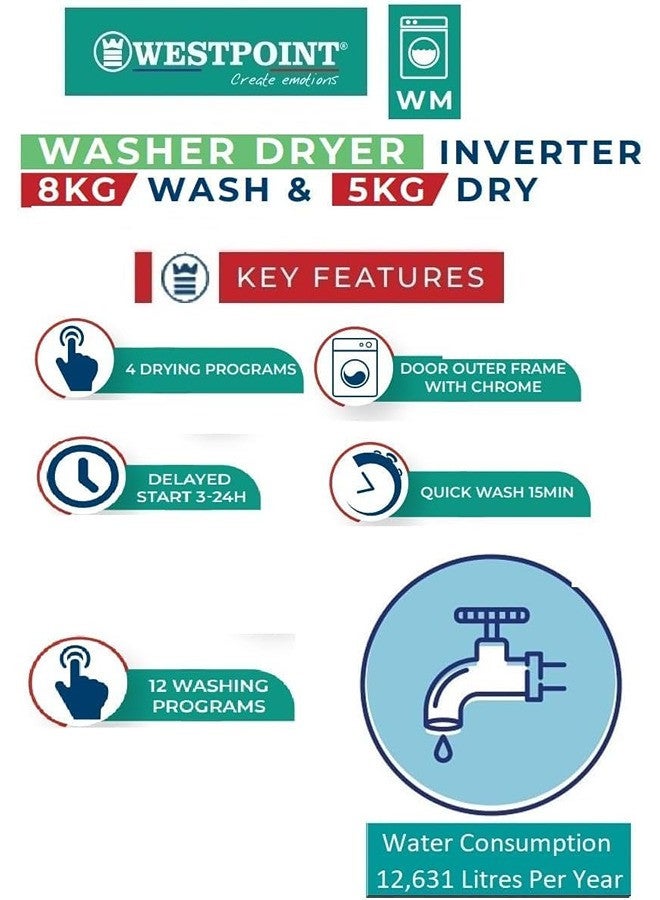 ويست بوينت Washer Dryer 8/5 Kg, Fully Automatic Front Load Combo Wash & Dry, 8 Kg Wash & 5 Kg Dry, 1400 RPM, 12 Wash Programs, Quick Wash in 15min & 4 Drying Programs 8.5 kg WDMT-81420ES Silver  - Image 2