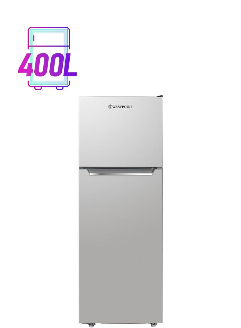 WESTPOINT 400 Liters Double Door No Frost Top Mounted With Fresh Zone Compartment, Egg Rack, Twister For Ice Cube, 5 Door Balconies One Year Warranty Stainless Steel WNN-4123ERI Silver  - Image 1