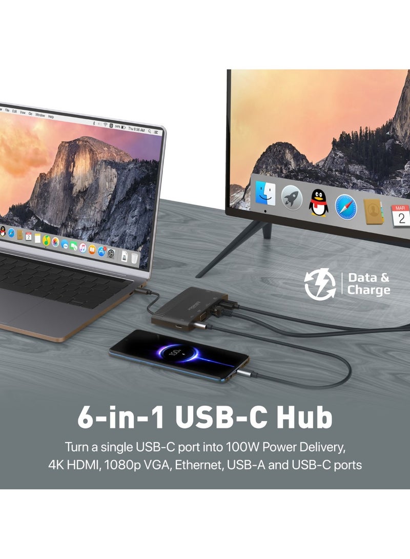 موزع USB-C™، محول مزامنة/شحن 6 في 1 من النوع C مع HDMI بدقة 4K وVGA بدقة 1080 بكسل وشبكة LAN بسرعة 1000 ميجابت في الثانية وتوصيل طاقة USB-C™ بقوة 100 وات ومنافذ USB 3.0 وUSB-C بسرعة 5 جيجابت في الثانية لأجهزة MacBook Pro وiPad Air وGalaxy S22 وMediaHub-C6 - pnsku/N70042270V/45/_/1706677269/9a29550d-305d-4e3e-8413-20d9ac934375