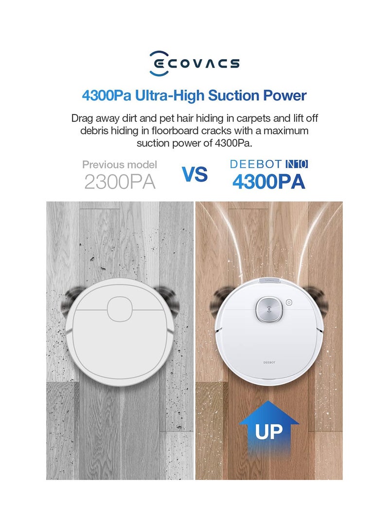 Robot Vacuum Cleaner And Mop, Powerful 3000Pa Suction, Up To 260 Minutes Runtime, dToF Navigation, Multi-Floor Mapping 4300 W DEEBOT N10 PLUS White