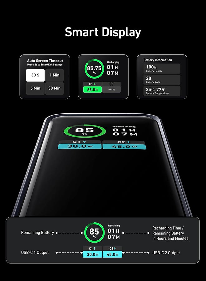 Anker - 12000 mAh Prime Power Bank, 12,000mAh 2-Port Portable Charger with 130W Output, Smart Digital Display, Compatible with MacBook Pro/Air, iPhone 16/15/14 Series, Samsung, Huaiwei, Dell, Xiaomi, Vivo, Oppo Black - Image 1